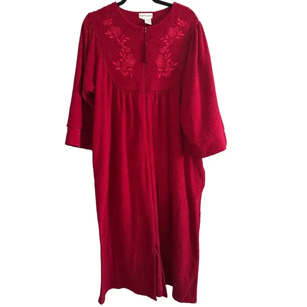 MISS ELAINE Vintage Red Fleece Plush Robe Housedress House Dress Embroidered XL
